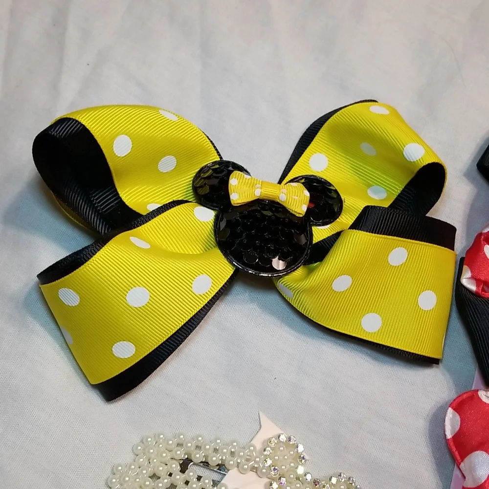 GIRLS MOUSE EARS 6' BOW WITH SEQUINS SET OF PEARL MOUSE CLIPS 4 BOWS - Picture 6 of 10